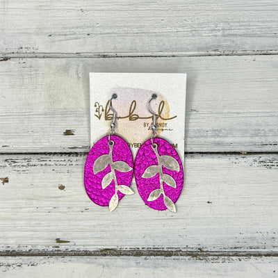 SUEDE + STEEL *Limited Edition* COLLECTION || Leather Earrings || SILVER LEAVES, <BR> METALLIC NEON PINK PEBBLED