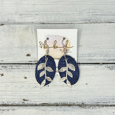 SUEDE + STEEL *Limited Edition* COLLECTION || Leather Earrings || SILVER LEAVES, <BR> METALLIC NAVY BLUE