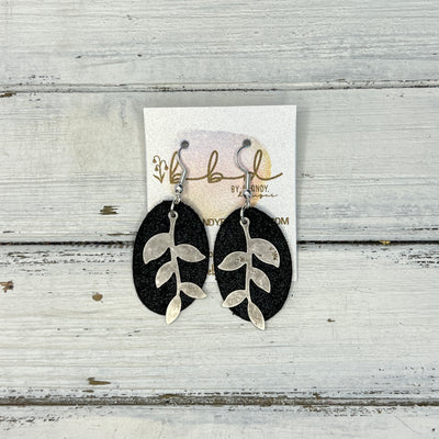 SUEDE + STEEL *Limited Edition* COLLECTION || Leather Earrings || SILVER LEAVES, <BR> SHIMMER BLACK