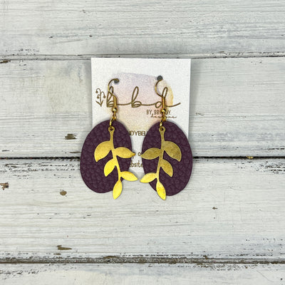 SUEDE + STEEL *Limited Edition* COLLECTION || Leather Earrings || GOLD LEAVES, <BR> MATTE PLUM