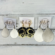 SUEDE + STEEL *Limited Edition* COLLECTION || Leather Earrings ||  <br> GOLD METAL FLOWER & MOON || <br> MATTE WHTE
