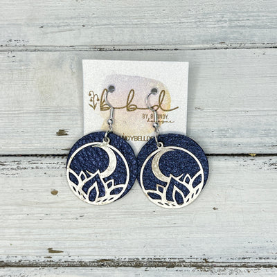 SUEDE + STEEL *Limited Edition* COLLECTION || Leather Earrings ||  <br> SILVER METAL FLOWER & MOON || <br> METALLIC NAVY BLUE