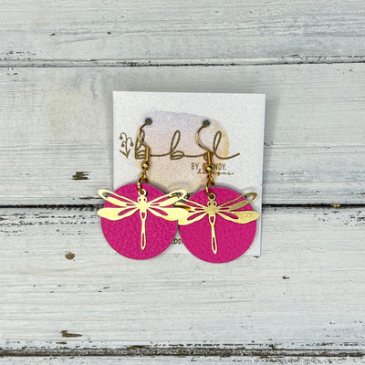 SUEDE + STEEL *Limited Edition* COLLECTION || Leather Earrings ||  <br> GOLD METAL DRAGONFLY || <br> MATTE NEON PINK