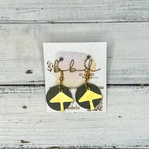 SUEDE + STEEL *Limited Edition* COLLECTION || Leather Earrings ||  <br> GOLD METAL MUSHROOM || <br> PEARLIZED OLIVE GREEN