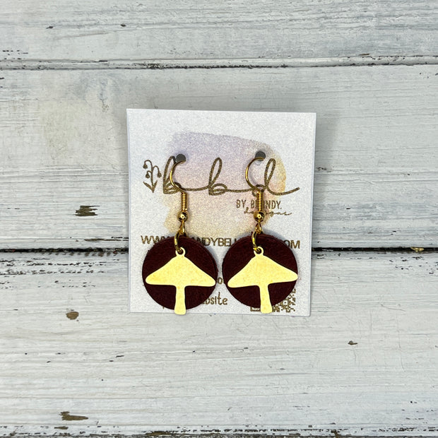SUEDE + STEEL *Limited Edition* COLLECTION || Leather Earrings ||  <br> GOLD METAL MUSHROOM || <br> DISTRESSED BURGUNDY