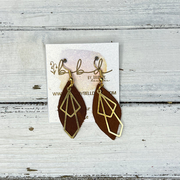 SUEDE + STEEL *Limited Edition* COLLECTION || Leather Earrings ||  <br> GOLD METAL DIAMOND || <br> DISTRESSED BROWN