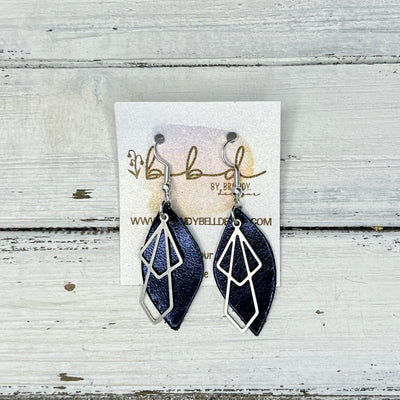 SUEDE + STEEL *Limited Edition* COLLECTION || Leather Earrings ||  <br> SILVER METAL DIAMOND || <br> METALLIC NAVY* BLUE SMOOTH