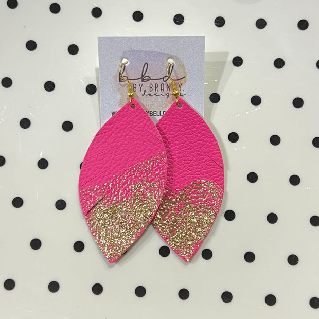 ✨ GLITTER  "DIPPED" MAISY (2 SIZES!) - Genuine Leather Earrings  || MATTE NEON PINK  + CHOOSE YOUR GLITTER "DIPPED" FINISH