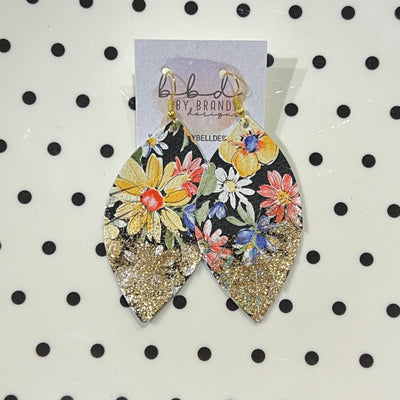 ✨ GLITTER  "DIPPED" MAISY (2 SIZES!) - Genuine Leather Earrings  || FLORAL WITH BLACK BACKGROUND + CHOOSE YOUR GLITTER "DIPPED" FINISH