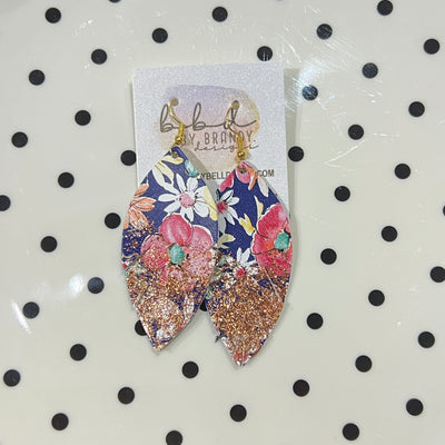 ✨ GLITTER  "DIPPED" MAISY (2 SIZES!) - Genuine Leather Earrings  || FLORAL WITH NAVY BACKGROUND + CHOOSE YOUR GLITTER "DIPPED" FINISH
