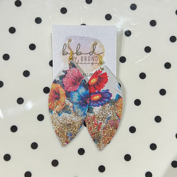 ✨ GLITTER  "DIPPED" MAISY (2 SIZES!) - Genuine Leather Earrings  || TUTTI FRUITTI FLORAL + CHOOSE YOUR GLITTER "DIPPED" FINISH