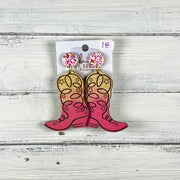 HAND-PAINTED WOODEN BOOTS -||  <br> Hand-painted earrings by Brandy Bell <br> PINK/GOLD/EWHITE Glitter studs + GOLD & PINK BOOTS