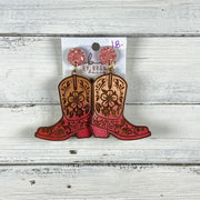 HAND-PAINTED WOODEN BOOTS -||  <br> Hand-painted earrings by Brandy Bell <br> CORAL Glitter studs + ROSE GOLD & PINK BOOTS