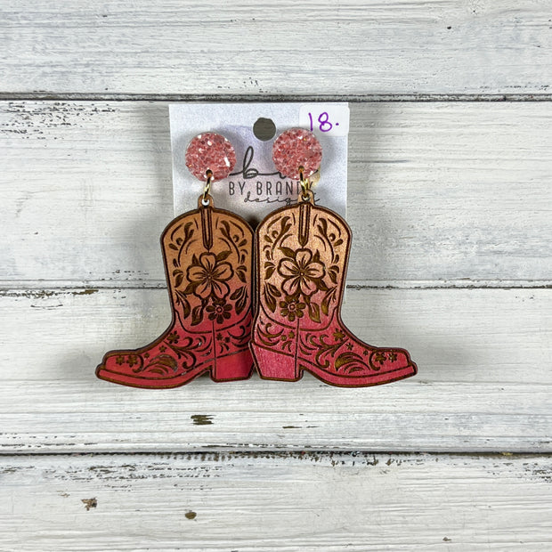 HAND-PAINTED WOODEN BOOTS -||  <br> Hand-painted earrings by Brandy Bell <br> CORAL Glitter studs + ROSE GOLD & PINK BOOTS