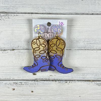 HAND-PAINTED WOODEN BOOTS -||  <br> Hand-painted earrings by Brandy Bell <br> IRIDESCENT WHITE Glitter studs + GOLD & PURPLE BOOTS