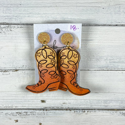 HAND-PAINTED WOODEN BOOTS -||  <br> Hand-painted earrings by Brandy Bell <br>SUNSHINE YELLOW Glitter studs + GOLD & RUST BOOTS