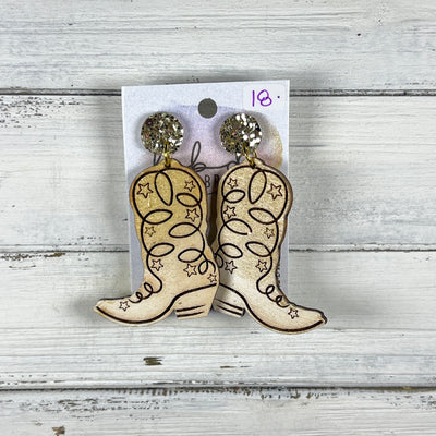 HAND-PAINTED WOODEN BOOTS -||  <br> Hand-painted earrings by Brandy Bell <br>CHUNKY GOLD Glitter studs + GOLD & IVORY BOOTS