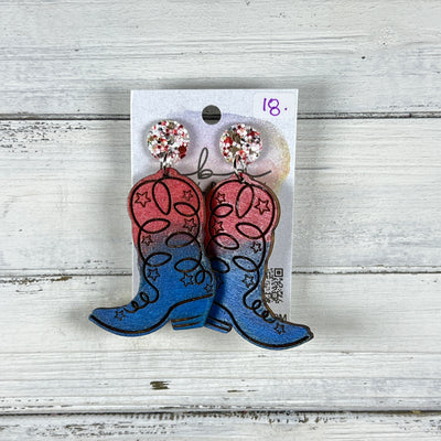HAND-PAINTED WOODEN BOOTS -||  <br> Hand-painted earrings by Brandy Bell <br> RED & WHITE Glitter studs + RED & BLUE BOOTS