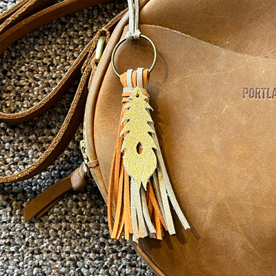 LEATHER PURSE CHARM by By Brandy Designs <br> GOLD & CAMEL TASSEL WITH GOLD FEATHER
