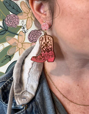 HAND-PAINTED WOODEN BOOTS -||  <br> Hand-painted earrings by Brandy Bell <br> PINK/GOLD/EWHITE Glitter studs + GOLD & PINK BOOTS