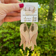 ROXY -  Leather Earrings  ||   <BR> LEAF CHARM, <BR> METALLIC CHAMPAGNE CRACKLE, <BR> DISTRESSED IVORY, <BR> METALLIC CHAMPAGNE PANAMA WEAVE, <BR> CHAMPAGNE CHINESE FANS, <BR> METALLIC CHAMPAGNE COBRA