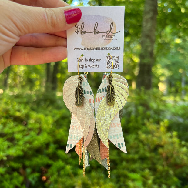 ROXY -  Leather Earrings  ||   <BR> FEATHER CHARM, <BR> METALLIC CHAMPAGNE SMOOTH, <BR> BOHO DASHES, <BR> PEARLIZED OLIVE GREEN, <BR> PEACH PALMS, <BR> DUSTY AQUA BRAID