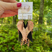 ROXY -  Leather Earrings  ||   <BR> FEATHER CHARM, <BR> METALLIC ROSE GOLD PEBBLED, <BR> METALLIC BLACK SMOOTH, <BR> LEOPARD PRINT, <BR> METALLIC ROSE GOLD POLKADOT, <BR> METALLIC ROSE GOLD WEBS
