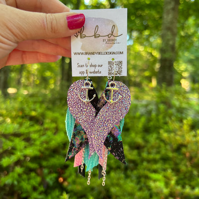 ROXY -  Leather Earrings  ||   <BR> ANCHOR CHARM, <BR> SPARKLE PURPLE, <BR> IRIDESCENT NORTHERN LIGHTS, <BR> AQUA PALMS, <BR> METALLIC PINK PEBBLED, <BR> METALLIC BLACK SMOOTH