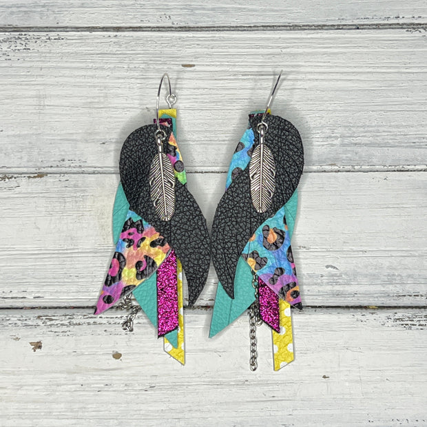 ROXY -  Leather Earrings  ||   <BR> FEATHER CHARM, <BR>MATTE BLACK, <BR>LISA F. PRINT, <BR> ROBINS EGG BLUE, <BR> SHIMMER MAGENTA, <BR> YELLOW & WHITE POLKADOT