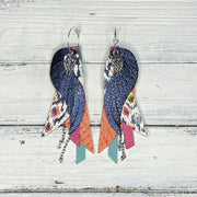 ROXY -  Leather Earrings  ||   <BR> OWL CHARM, <BR>METALLIC NAVY BLUE PEBBLED, <BR> IKAT PRINT, <BR> SALMON PANAMA WEAVE, <BR> MATTE PINK, <BR> MATTE DUSTY AQUA