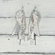 ROXY -  Leather Earrings  ||   <BR> FEATHER CHARM, <BR>METALLIC SILVER SANDS, <BR> SHIMMER SILVER, <BR> WHITE & SILVER ACCENTS, <BR> METALLIC SILVER SAFFIANO, <BR> SILVER CHEVRON