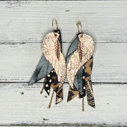 ROXY -  Leather Earrings  ||   <BR> FEATHER CHARM, <BR> METALLIC ROSE GOLD PEBBLED, <BR> METALLIC BLACK SMOOTH, <BR> LEOPARD PRINT, <BR> METALLIC ROSE GOLD POLKADOT, <BR> METALLIC ROSE GOLD WEBS