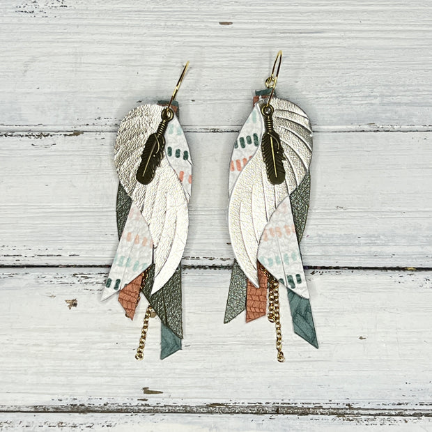 ROXY -  Leather Earrings  ||   <BR> FEATHER CHARM, <BR> METALLIC CHAMPAGNE SMOOTH, <BR> BOHO DASHES, <BR> PEARLIZED OLIVE GREEN, <BR> PEACH PALMS, <BR> DUSTY AQUA BRAID
