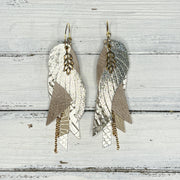 ROXY -  Leather Earrings  ||   <BR> LEAF CHARM, <BR> METALLIC CHAMPAGNE CRACKLE, <BR> DISTRESSED IVORY, <BR> METALLIC CHAMPAGNE PANAMA WEAVE, <BR> CHAMPAGNE CHINESE FANS, <BR> METALLIC CHAMPAGNE COBRA