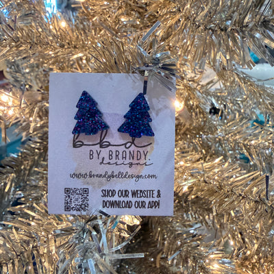 ACRYLIC EARRINGS by Brandy. Designs || CHRISTMAS TREE STUDS (BLUE/PINK GLITTER)