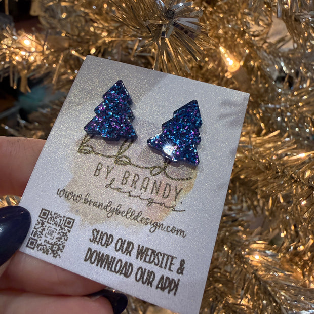 ACRYLIC EARRINGS by Brandy. Designs || CHRISTMAS TREE STUDS (BLUE/PINK GLITTER)