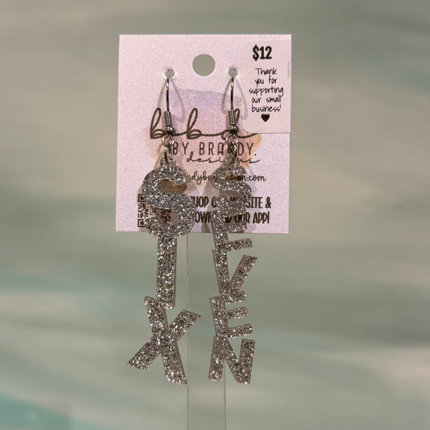 ACRYLIC EARRINGS by Brandy. Designs || "SIX-SEVEN" SILVER GLITTER