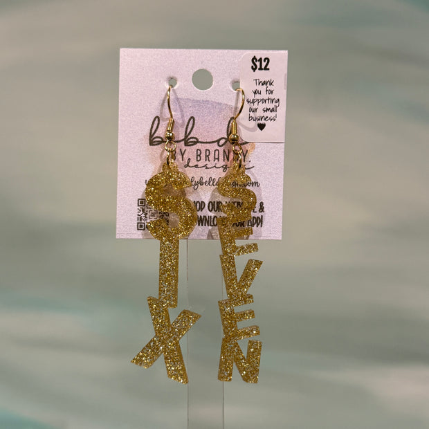 ACRYLIC EARRINGS by Brandy. Designs || "SIX-SEVEN" GOLD GLITTER