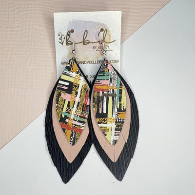 INDIA - Leather Earrings   ||  <BR> FALL ABSTRACT BRUSHSTROKES,  <BR>  MATTE BLUSH PINK, <BR> BLACK PALMS