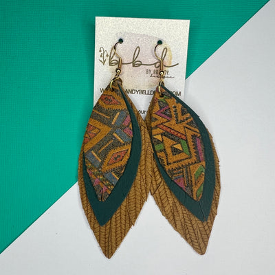INDIA - Leather Earrings   ||  <BR> MUSTARD AZTEC,  <BR>  MATTE SPRUCE GREEN, <BR> MUSTARD PALMS