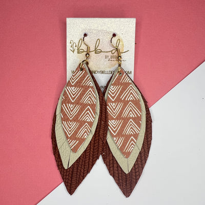INDIA - Leather Earrings   ||  <BR> MUDCLOTH PRINT,  <BR>  MATTE IVORY, <BR> RUST PALMS