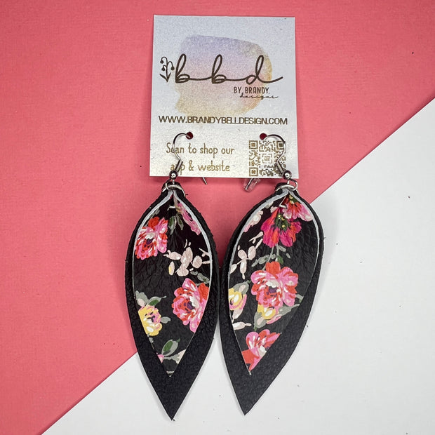 ALLIE - Leather Earrings   ||  <BR> PINK FLORAL ON BLACK,  <BR>  MATTE BLACK