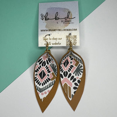 ALLIE - Leather Earrings   ||  <BR> PINK/MUSTARD AZTEC,  <BR>  MATTE MUSTARD