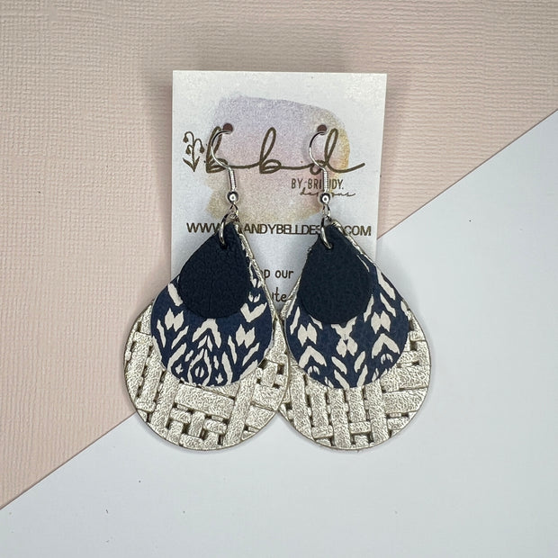 LINDSEY - Leather Earrings   ||  <BR> MATTE NAVY BLUE,  <BR>  NAVY SHIBORI, <BR>  METALLIC CHAMPAGNE PANAMA WEAVE