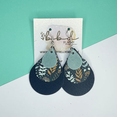 LINDSEY - Leather Earrings   ||  <BR>  DUSTY AQUA RIVIERA,  <BR> WILDFLOWERS ON BLUE, <BR> MATTE NAVY BLUE