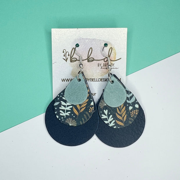 LINDSEY - Leather Earrings   ||  <BR>  DUSTY AQUA RIVIERA,  <BR> WILDFLOWERS ON BLUE, <BR> MATTE NAVY BLUE