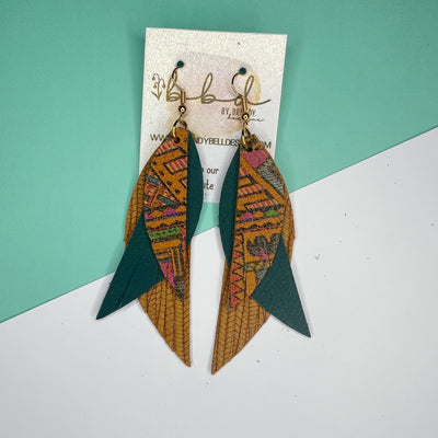 ANDY - Leather Earrings   ||  <BR> MUSTARD AZTEC,  <BR>  MATTE SPRUCE GREEN, <BR> MUSTARD PALMS