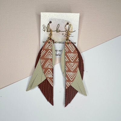 ANDY - Leather Earrings   ||  <BR> MUDCLOTH PRINT,  <BR>  MATTE IVORY, <BR> RUST PALMS