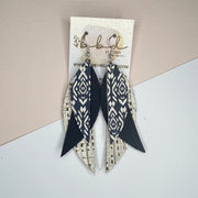 ANDY - Leather Earrings   ||  <BR> MATTE NAVY BLUE,  <BR>  NAVY SHIBORI, <BR>  METALLIC CHAMPAGNE PANAMA WEAVE