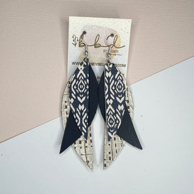 ANDY - Leather Earrings   ||  <BR> MATTE NAVY BLUE,  <BR>  NAVY SHIBORI, <BR>  METALLIC CHAMPAGNE PANAMA WEAVE
